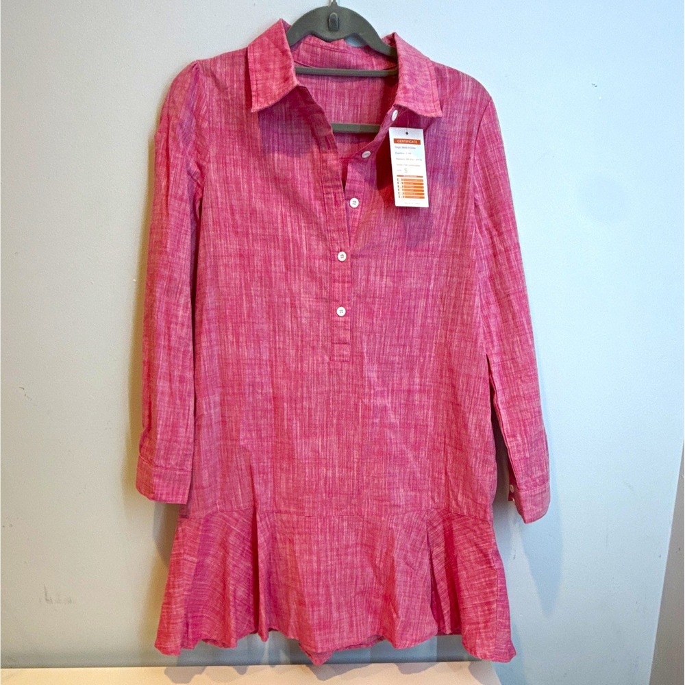 Women's Pink Cotton Linen Shirt Dress Collared Button Front Long Sleeve S